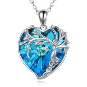 Blue Crystal Heart Tree of Life Necklace