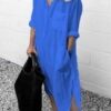 Elegant Solid Color Slit Dress Long Shirt Dress - Image 6
