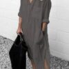 Elegant Solid Color Slit Dress Long Shirt Dress - Image 7