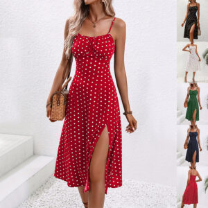 New Polka Dot Print Suspender Dress Summer Sexy Slit
