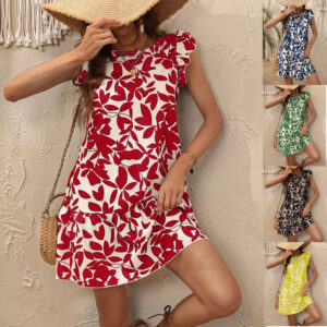 Women's Round Neck Printed Ruffles Dress