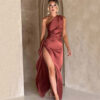 Sexy One-shoulder Backless Slit Dress Summer Elegant Slim-fit Solid Color Satin - Image 10