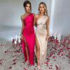 Sexy One-shoulder Backless Slit Dress Summer Elegant Slim-fit Solid Color Satin - Image 9