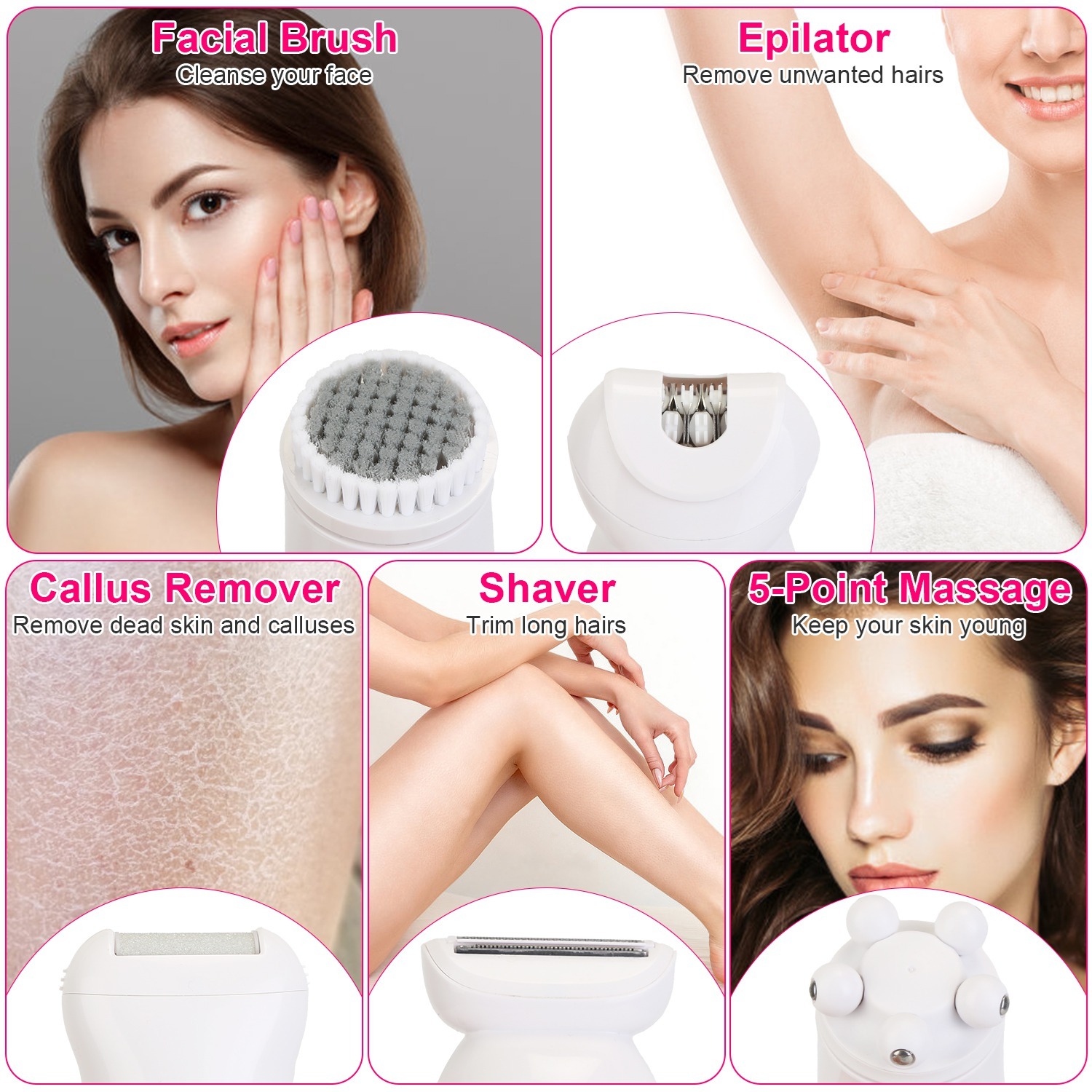5-in-1 Electric Body Epilator Kit – Epilator, Shaver, Facial Brush, Callus Remover & Massager with LED Display - Image 8