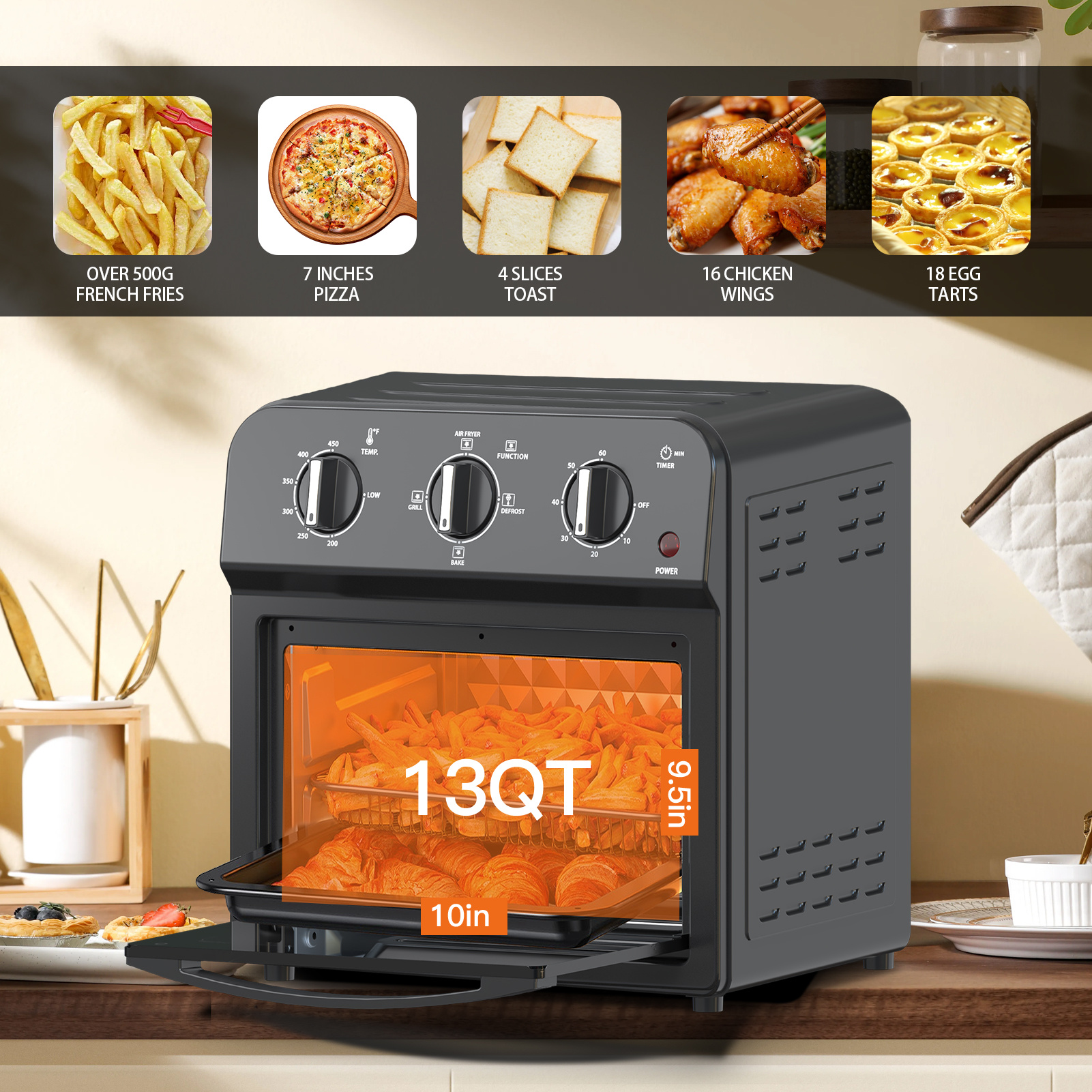 13QT Family Size Air Fryer Toaster Oven Combo – Hot Air Circulation, Oil-Free Cooking, Multifunctional Convection Countertop Oven with Adjustable Time & Temperature Control - Image 7