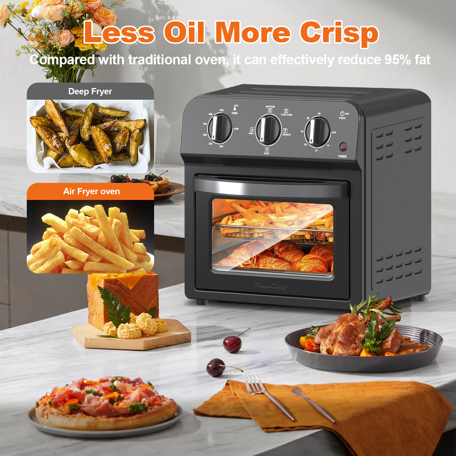 13QT Family Size Air Fryer Toaster Oven Combo – Hot Air Circulation, Oil-Free Cooking, Multifunctional Convection Countertop Oven with Adjustable Time & Temperature Control - Image 6