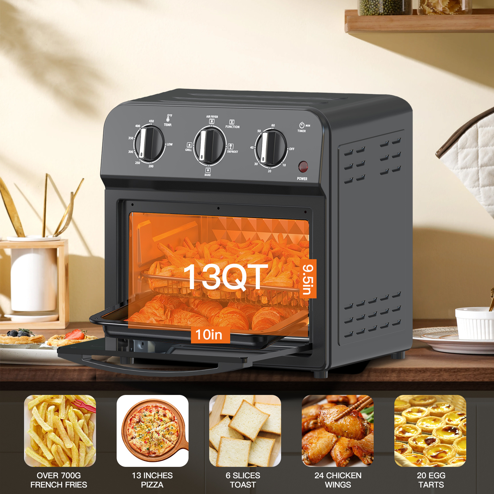 13QT Family Size Air Fryer Toaster Oven Combo – Hot Air Circulation, Oil-Free Cooking, Multifunctional Convection Countertop Oven with Adjustable Time & Temperature Control - Image 5