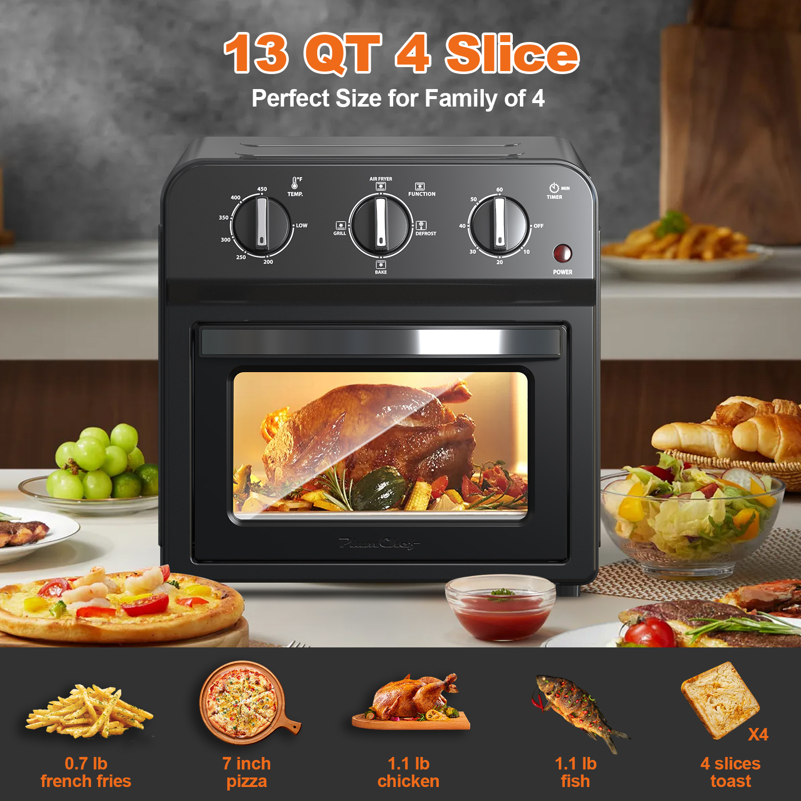 13QT Family Size Air Fryer Toaster Oven Combo – Hot Air Circulation, Oil-Free Cooking, Multifunctional Convection Countertop Oven with Adjustable Time & Temperature Control - Image 3
