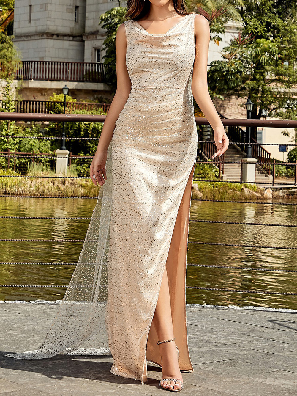 Apricot Mesh Sleeveless Sequin Long Dress – Elegant Strap Cloak Evening Gown - Image 2
