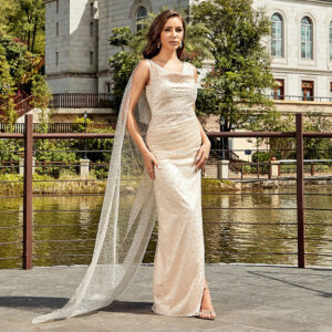 Apricot Mesh Sleeveless Sequin Long Dress – Elegant Strap Cloak Evening Gown