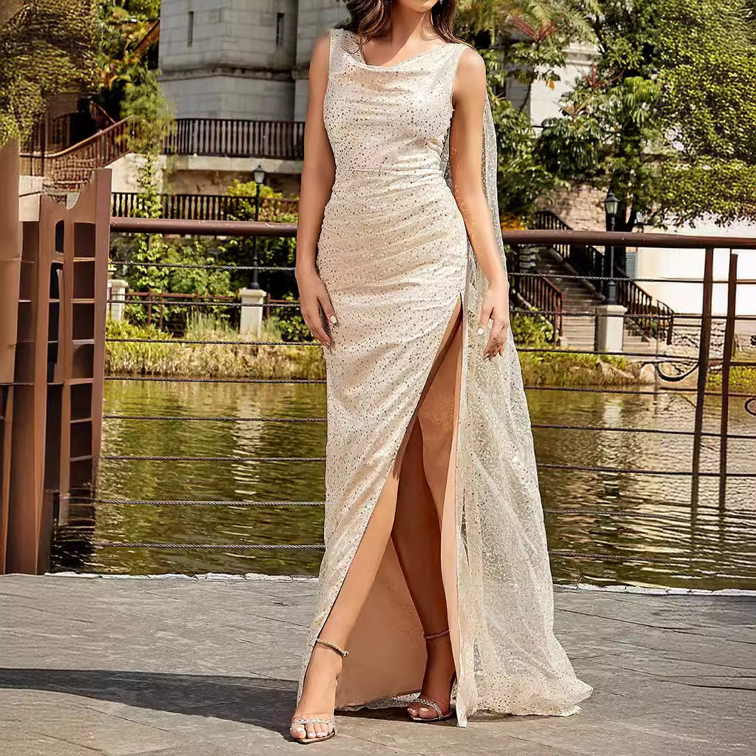 Apricot Mesh Sleeveless Sequin Long Dress – Elegant Strap Cloak Evening Gown - Image 10