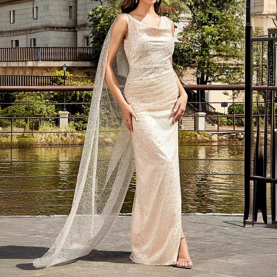 Apricot Mesh Sleeveless Sequin Long Dress – Elegant Strap Cloak Evening Gown - Image 8