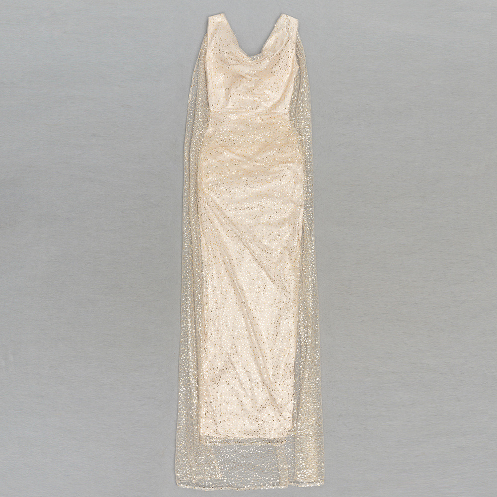 Apricot Mesh Sleeveless Sequin Long Dress – Elegant Strap Cloak Evening Gown - Image 7