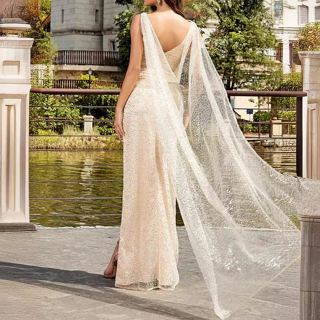 Apricot Mesh Sleeveless Sequin Long Dress – Elegant Strap Cloak Evening Gown - Image 6