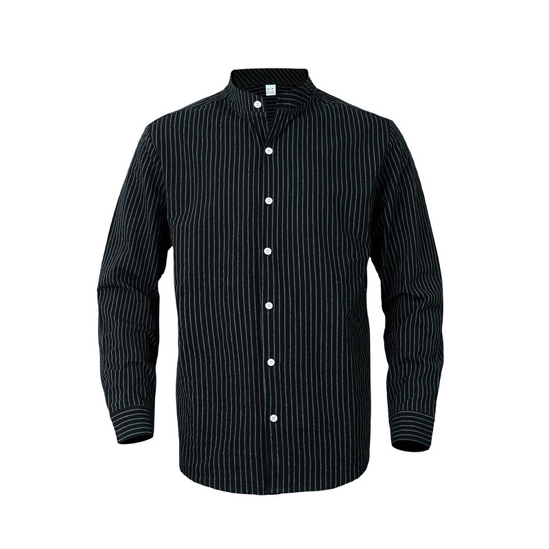 Business Linen Men's Striped Stand Collar Long Sleeve Shirt - Image 3