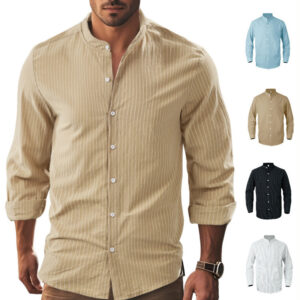 Business Linen Men's Striped Stand Collar Long Sleeve Shirt