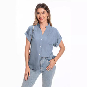 Women’s Stand Collar Button Short Sleeve Summer Top